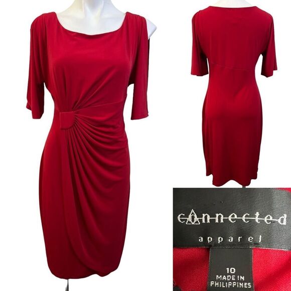 connected apparel Dresses & Skirts - Connected Apparel dress size 10 red cold-shoulder side ruched sheath cocktail